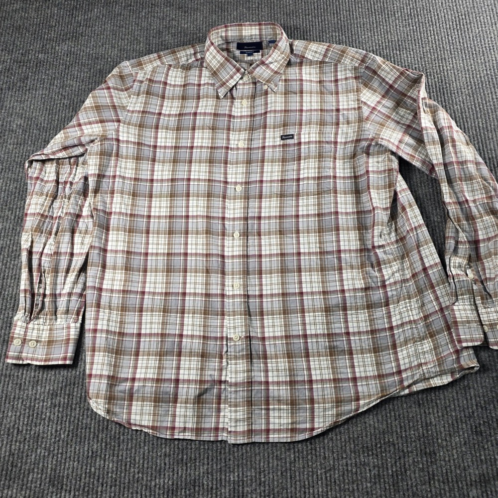 Faconnable Classique Mens XL Brown Plaid Button Down Shirt Long Sleeve Cotton